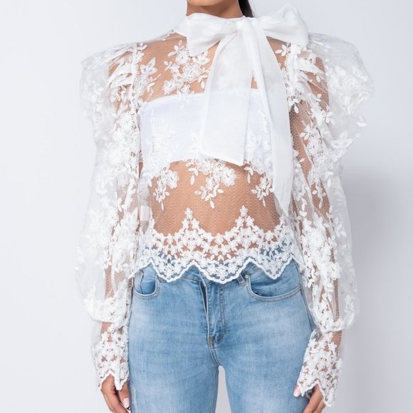 White Lace Long Puff Sleeve Pussy Bow Tie Blouse - Picture 3 of 9